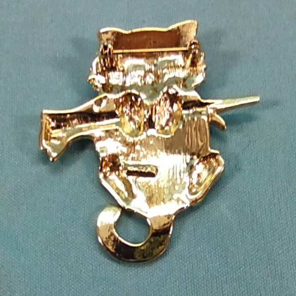 Gold tone Cat on Branch Brooch Pin by AJC - Picture 2 of 3